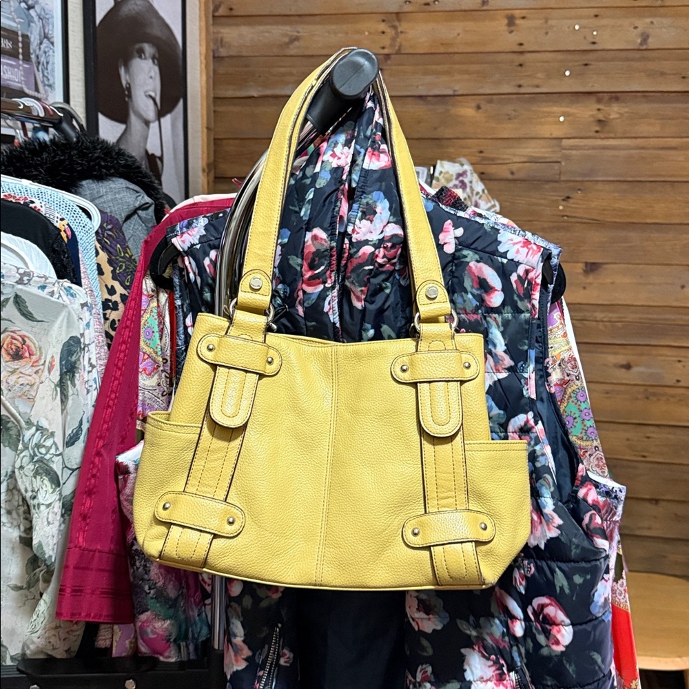 Tignanello Mustard Yellow Pebbled Leather Multi-Pocket Shoulder Bag - Picture 2 of 4
